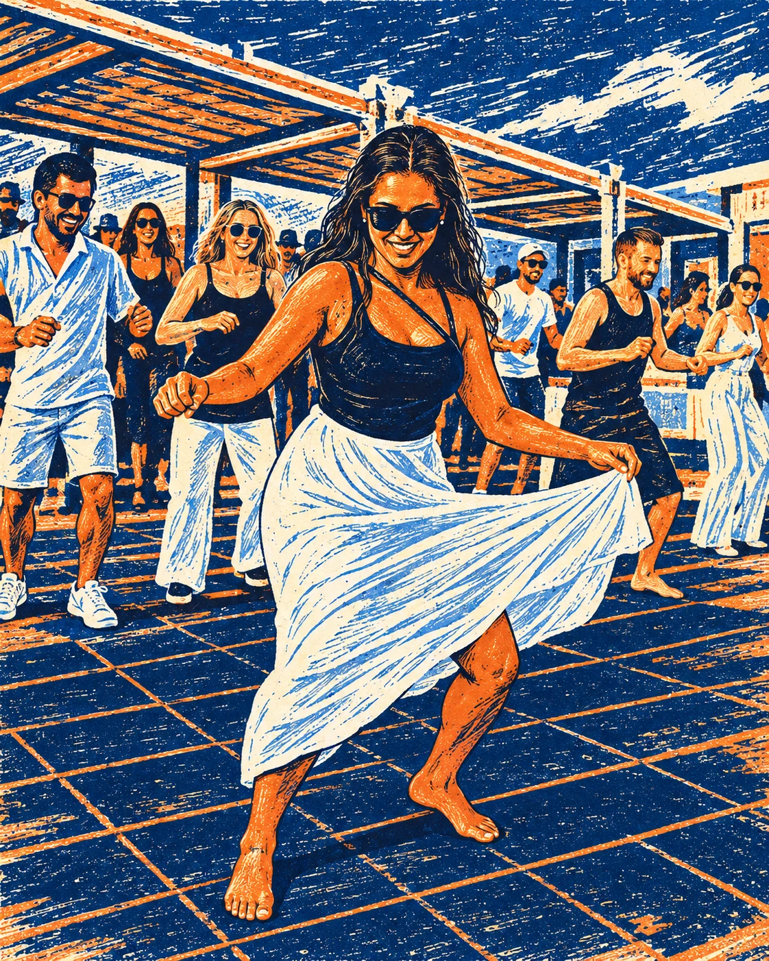 Ilustração da Sofi a dançar com um grupo num terraço ao sol