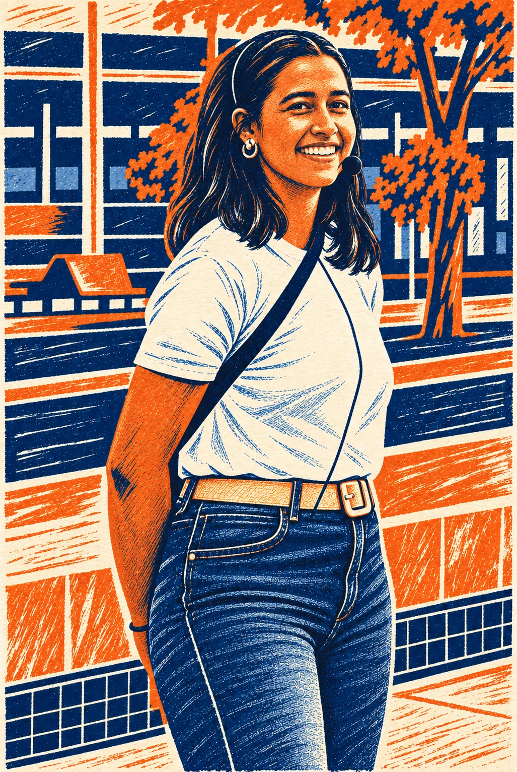 Ilustração da Sofi a ensinar salsa ao ar livre, em Lisboa